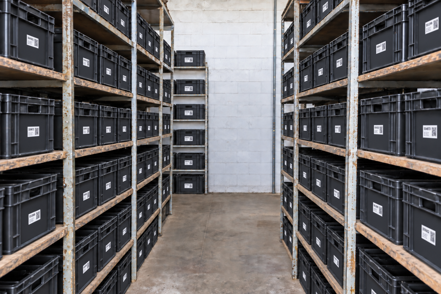 O mesmo estoque organizado em caixas identificadas por QR Code
